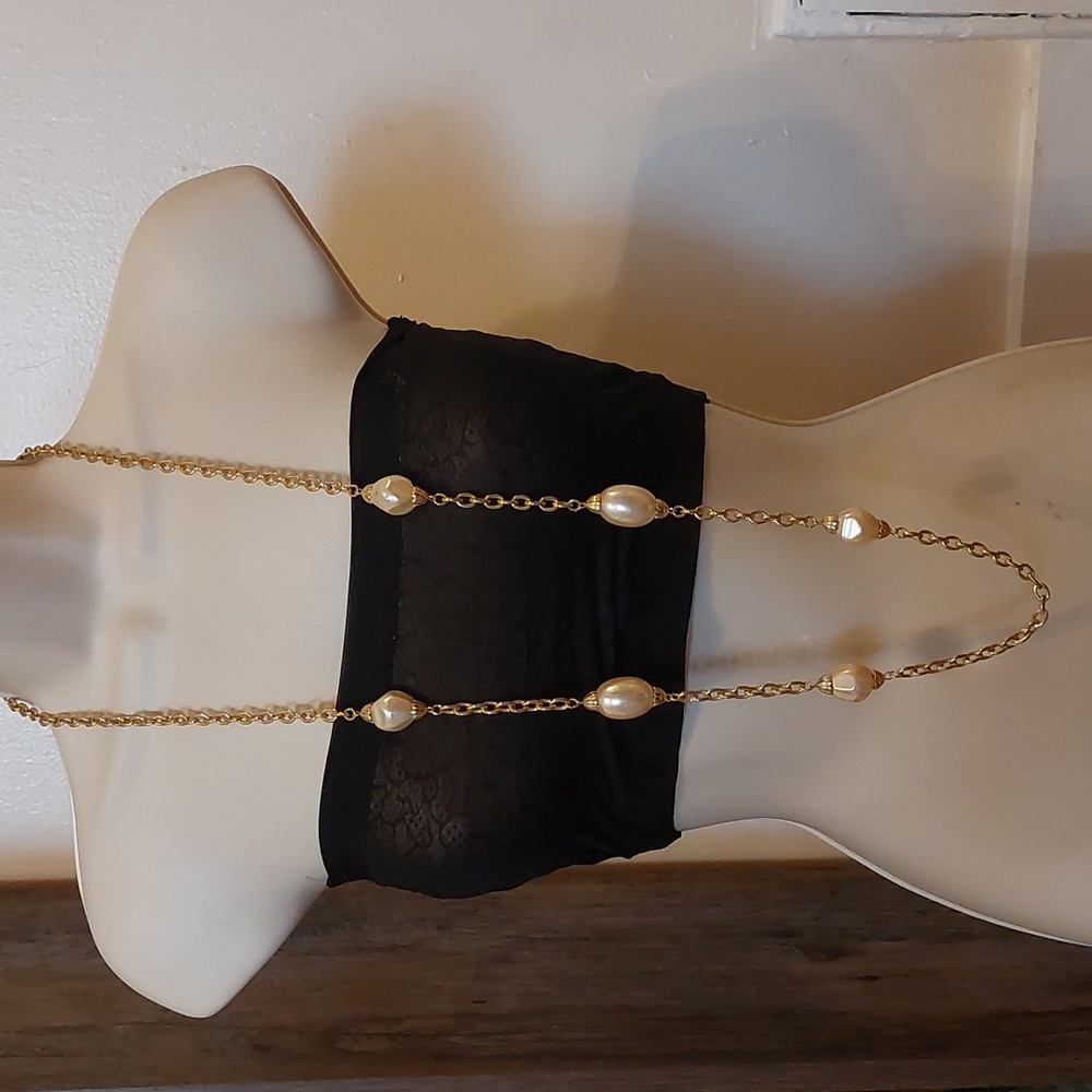 Faux Pearl Stations Gold Tone Flapper Necklace